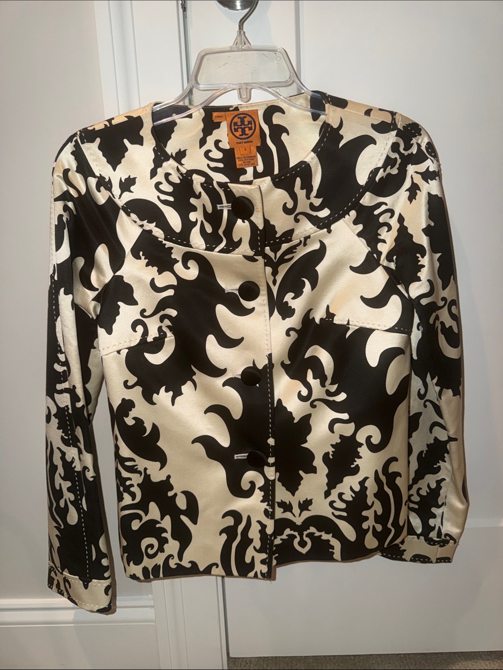 Tory Burch Black & Cream Printed Silk-Blend Jacket